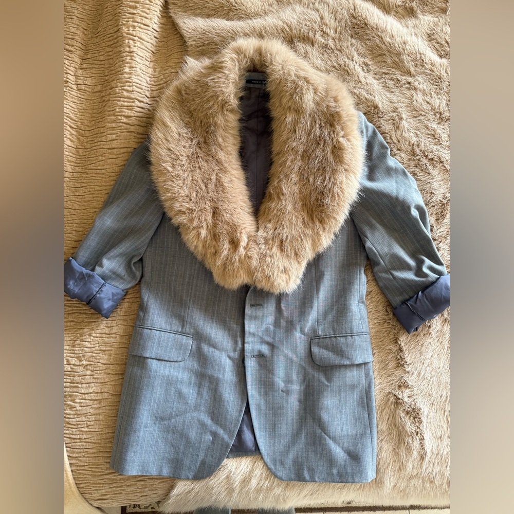 Yves Saint Laurent Light Blue + Tan Plaid Sports Coat with Removable Fur Collar